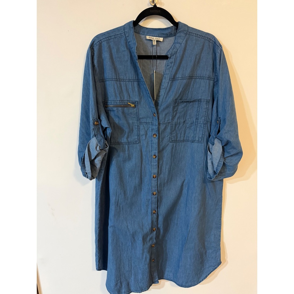 Speed Limit MPH Womens 2X Blue Cotton Chambray Button Down Roll Tab Shirt Dress